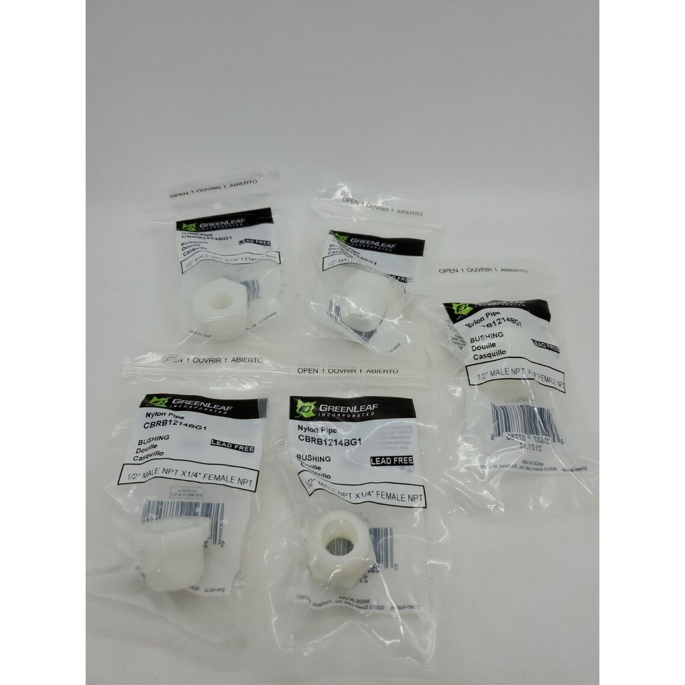 (5-Pk) Green Leaf Bushing White Nylon 1/2" MPT x 1/4" FPT CBRB1214BG1
